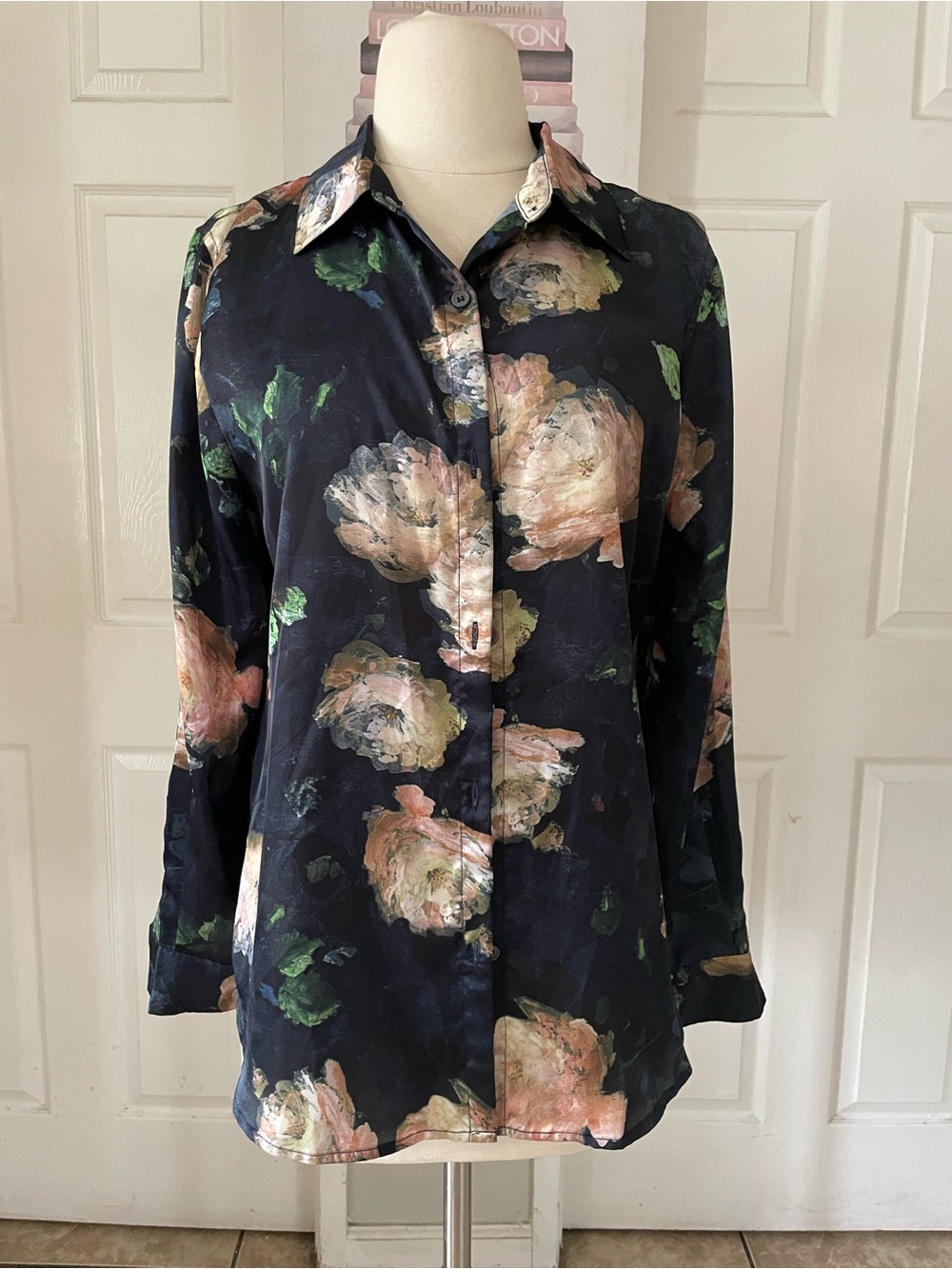 Elie Tahari Navy Floral Button-Down Shirt with Pink & Green Accents